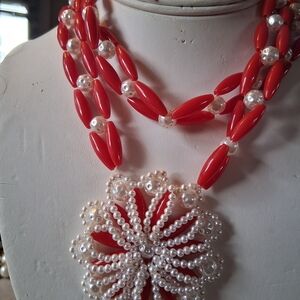 Elegant Red and White Beaded Necklace